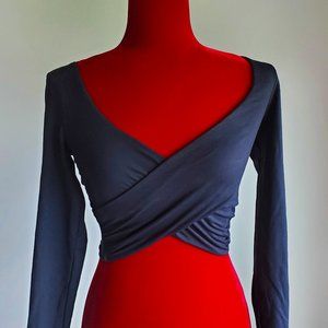 Bebe Long Sleeve Wrap Crop Top (Black)